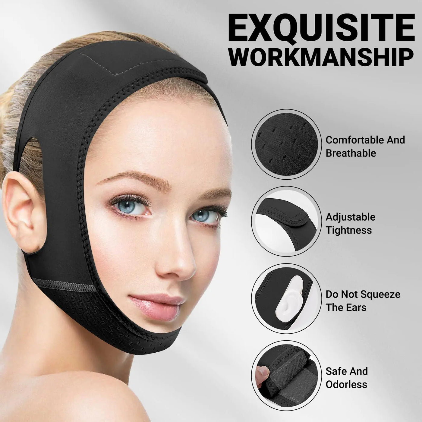 Reusable V Line Lifting Mask with Chin Strap for Sleeping,Face Lift Prevent Sagging, Jaw Exerciser,Black,M M black
